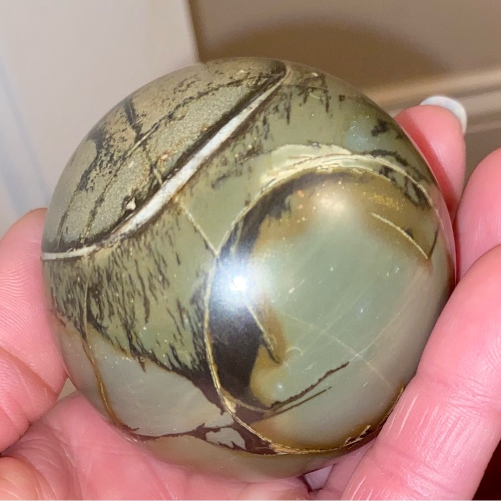 High Quality Polished Septarian Sphere w/ Wooden Stand - Picture 9 of 10